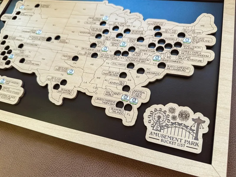 Amusement Parks Bucket List Wooden Map